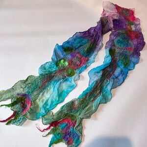Nuno Felted Scarf Turquoise 54 Inches Wool And Silk Handmade Art To Wear